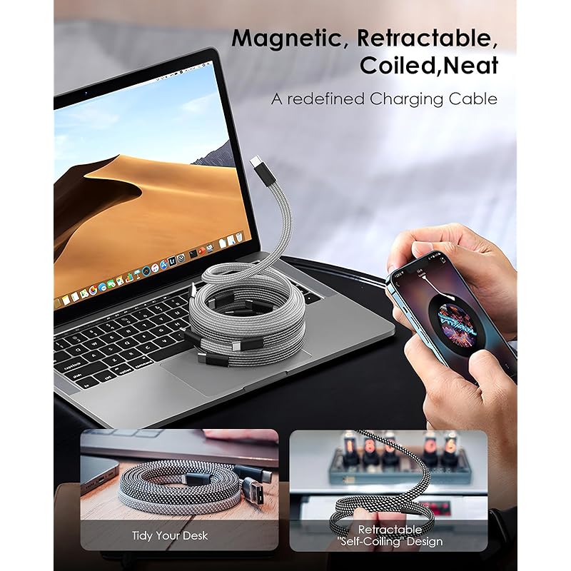 Magtame USB-C Cable Flat Flat Automatic Winding Type C Cable 60W Fast Charging Type-C Cable Spiral Cable Usb-c Usb-c Cable Data Transfer Compatible