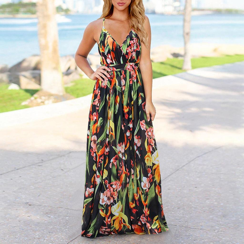 Summer Dress Dress Women's Dress Beach Skirt Print Belt Skirt Cross Strap Dress V-neck Vest Dress