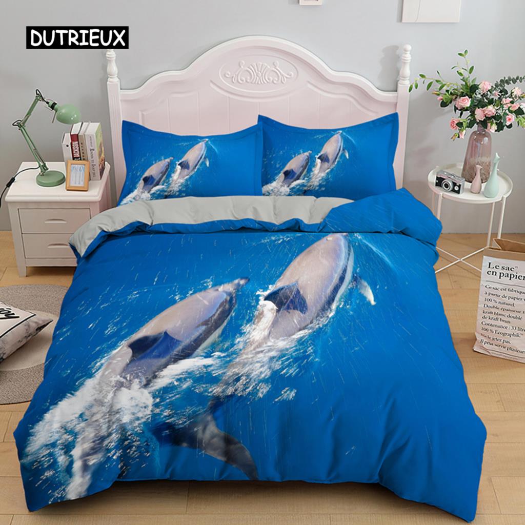 3D дельфин в синем море Queen King Size комплекты постельного белья Animal Single Quilt Duvet Cover Set Детская кровать для взрослых Полиэстеровое постельное белье