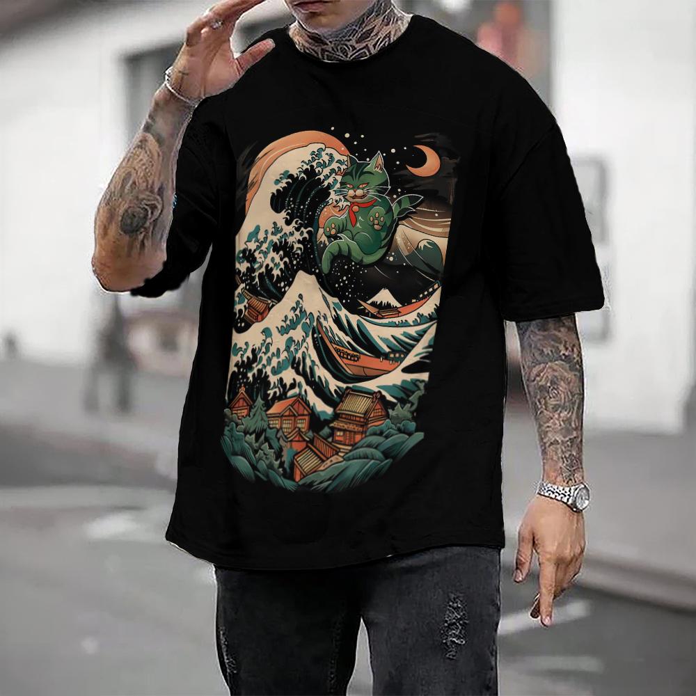 Японская мужская футболка Ukiyo-E и футболка с принтом кота, повседневные свободные футболки с короткими рукавами, мужская одежда большого размера, топы