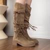 Soft Leather Retro Wasteland Fringed Knight Boots Thick Heel But Knee Long Boots Slim Pile Medium Boots Women
