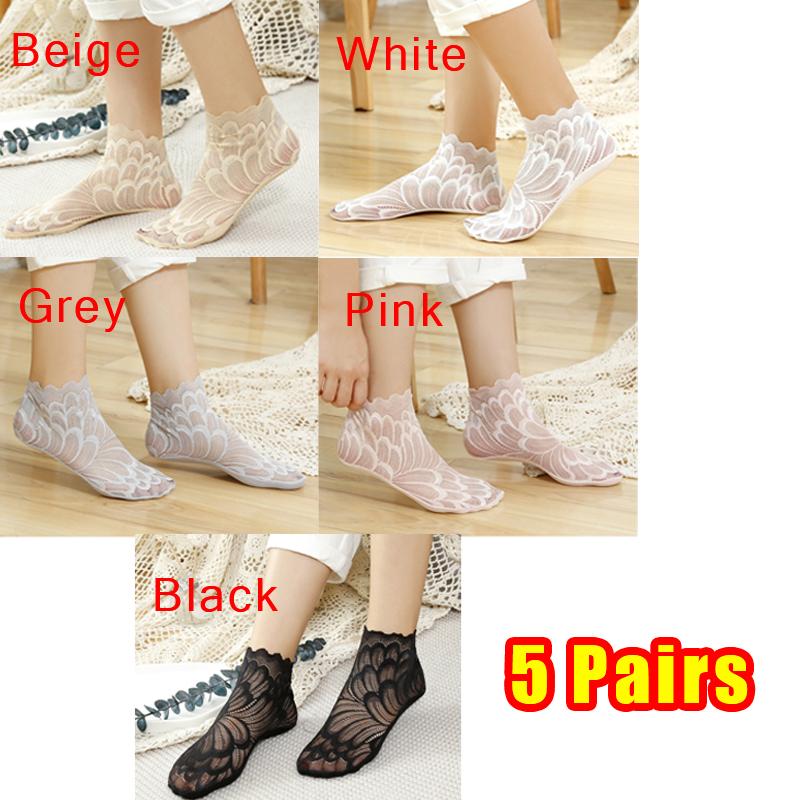 5/10 пар женских кружевных сетчатых носков с цветочным принтом, Нескользящие невидимые носки с подкладкой, женские эластичные удобные тонкие прозрачные дышащие носки до щиколотки