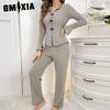 Women's Fashion Pajamas POLO Neck Casual Bow Long Sleeve Long Pants Wearable Loungewear Two Piece Set