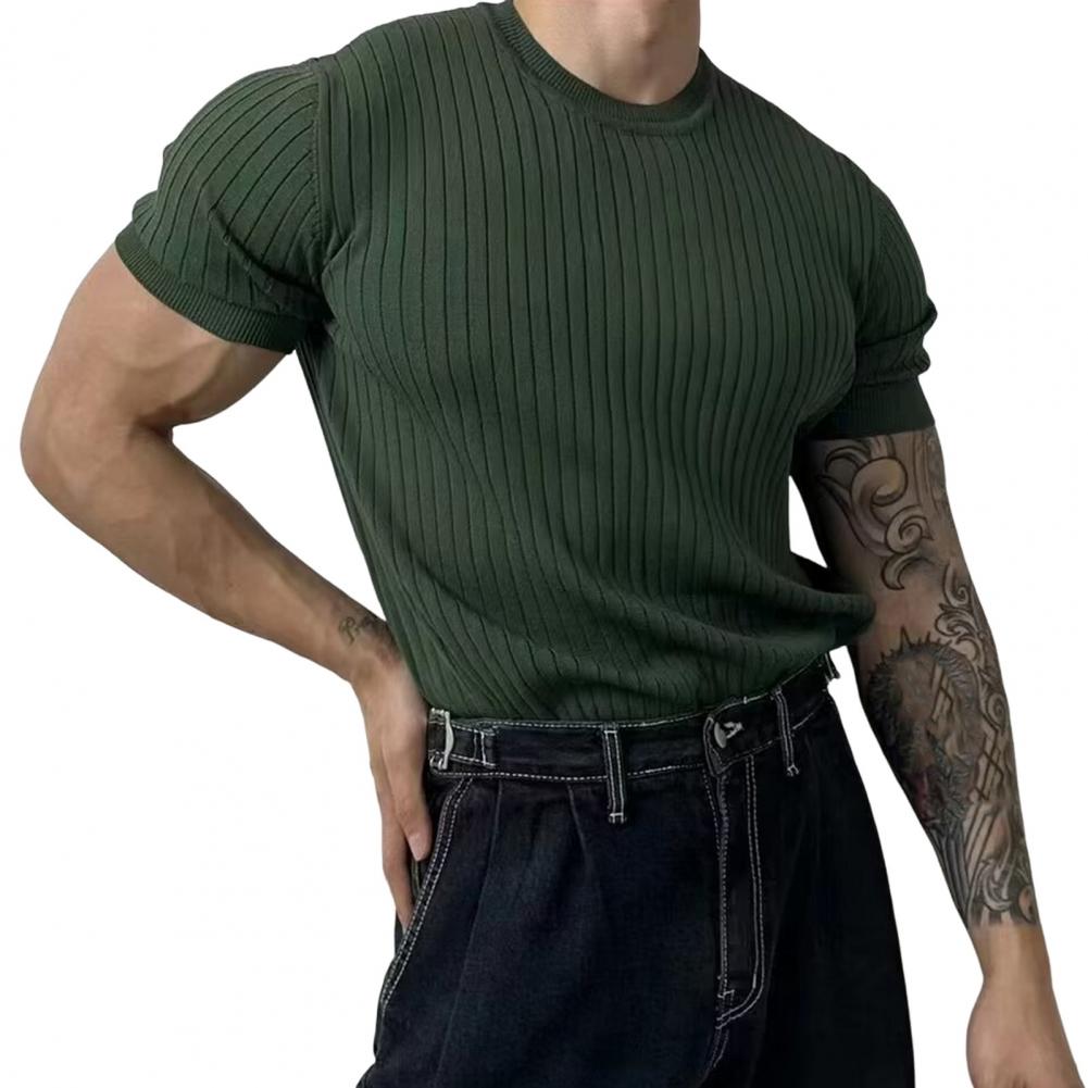 Мужская летняя спортивная футболка трикотажная эластичная эластичная футболка с круглым вырезом Slim Fit сплошной цвет пуловер с короткими рукавами для тренировок в тренажерном зале топ для тренировок