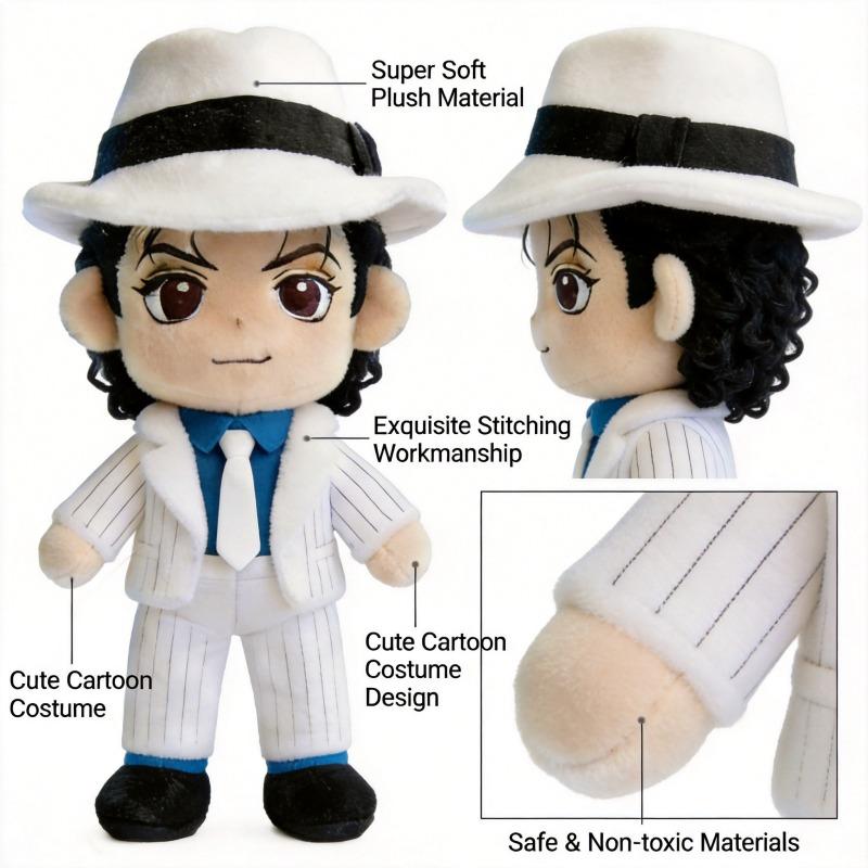 Michael Jackson Plush Doll 20cm Cute MJ Striped Suit Stuffed Toy with White Hat Soft Cotton Figure Collectible Gift for Fans