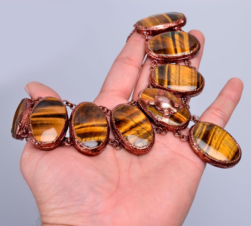 Овальный Натуральный Тигровый Глаз Медная Цепочка Гальванопластика Подарок Сестрам Ожерелье Ювелирное Изделие V-87