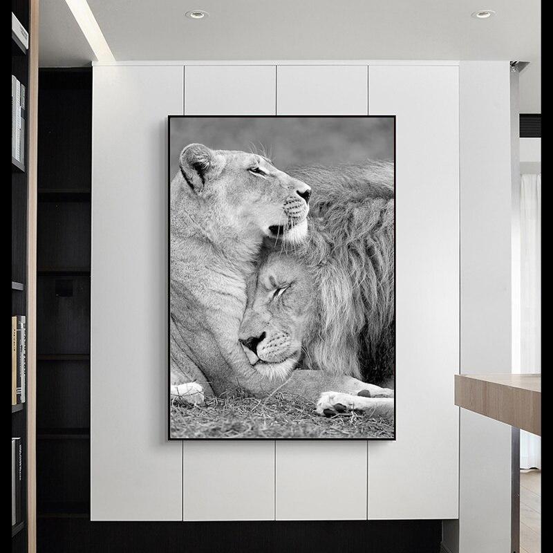 Скандинавский холст, картина, черно-белые львы, объятия, плакат и принт, настенные художественные фотографии для украшения гостиной, Cuadros