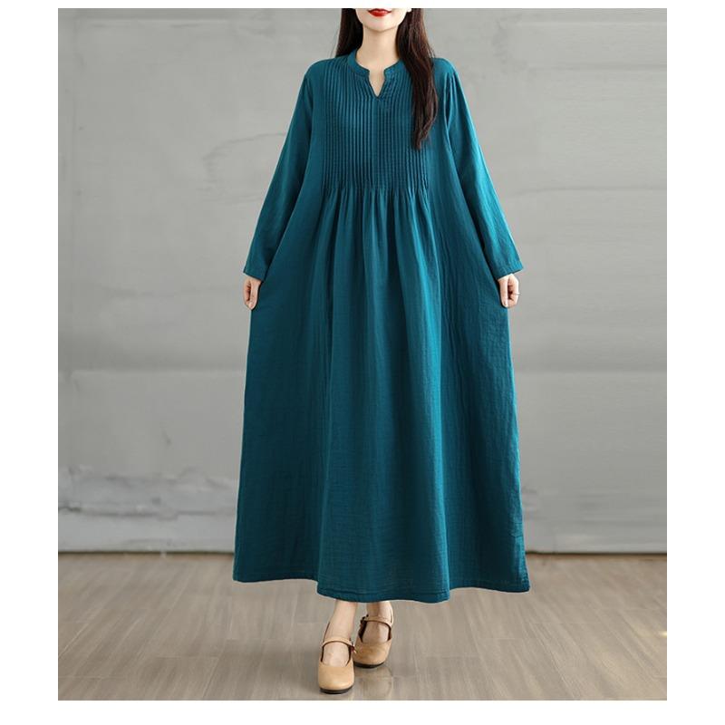 DIMANAF 2025 Women Plus Size Autumn Long Dress Loose Casual Oversize Long Sleeve Maxi Vintage Dress Cotton