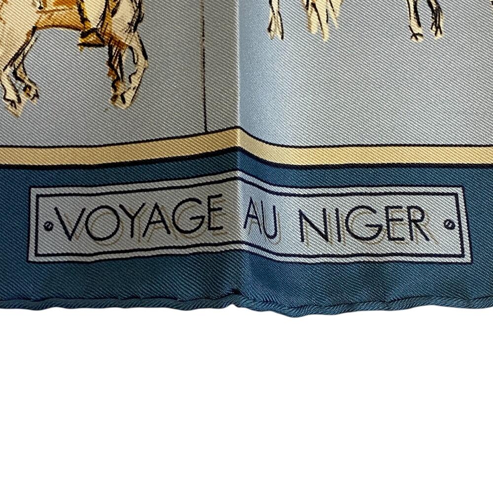 Hermes Шелковый платок-каре 45 см, синий шелк, женский, б/у, Journey to Niger Silk silk Carre 45