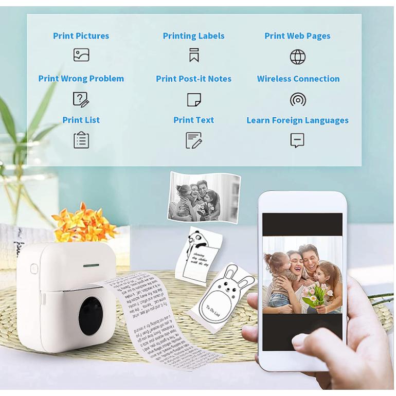 Мини-принтер для наклеек, Bluetooth, умный карманный бесчернильный термопринтер с 10 рулонами термобумаги и портативным принтером для наклеек
