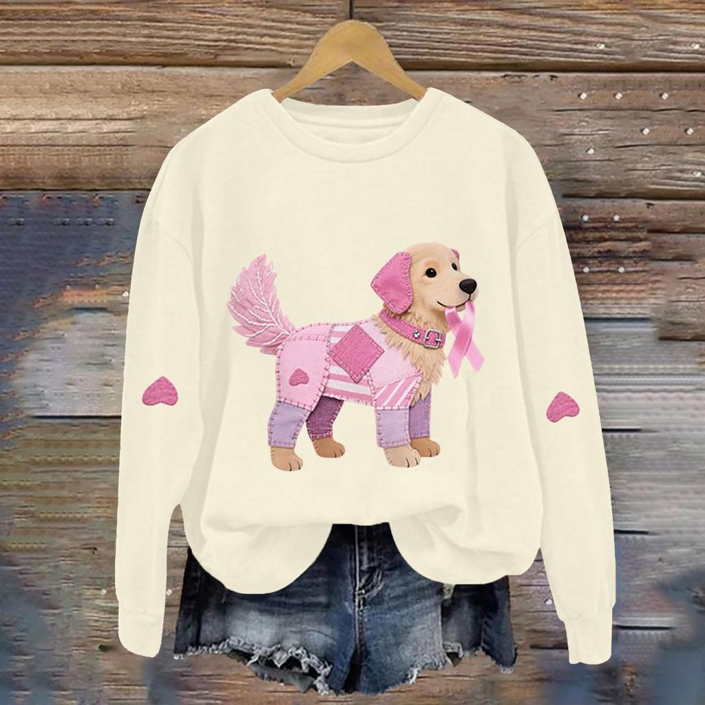 Breast  Sweatshirts For WomenRibbon Breast  Shirt Cute Dog Graphic  Long Sleeve Tops