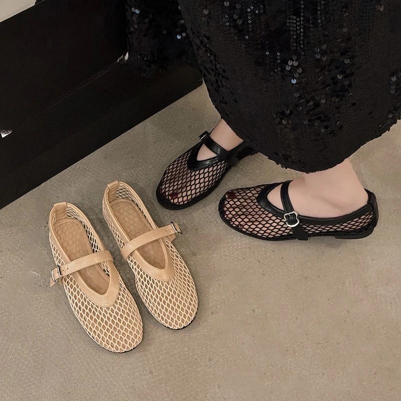 Fashion Summer, Wear Round Toe, Straight Buckles, Casual and Comfortable, Women's Flats, Cut-out Mary Jane Single Shoes,fishnet Shoes