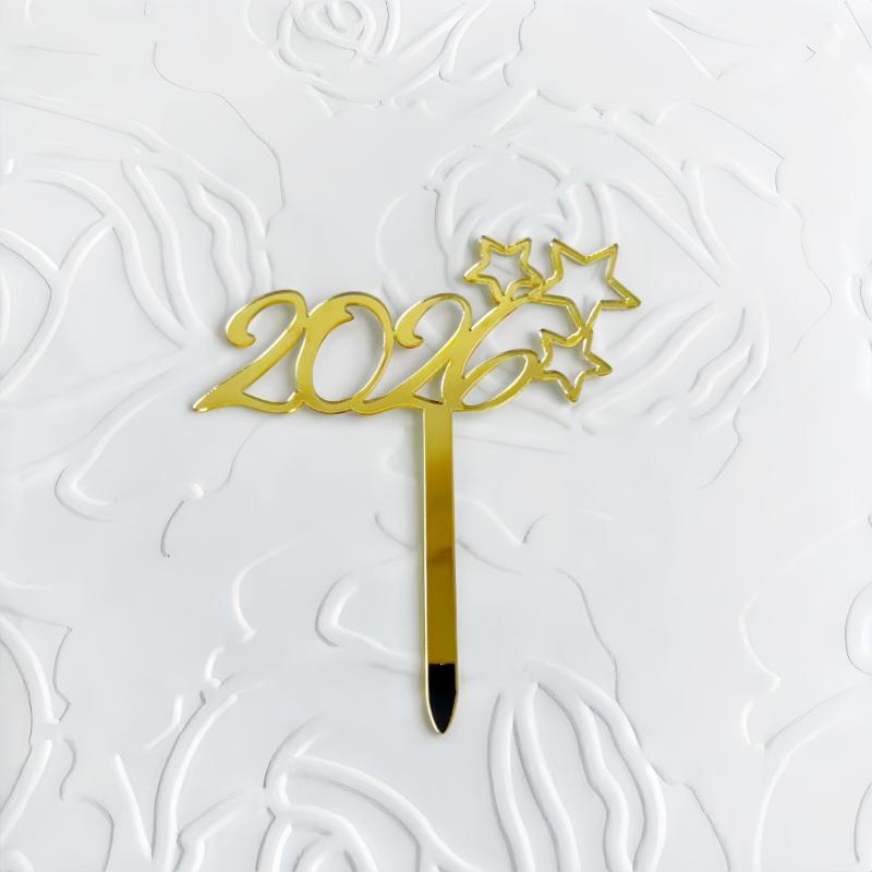 1pc Gold 2026 New Year Cake Topper Xmas Cupcake Topper Christmas New Year Party Cake Decorations