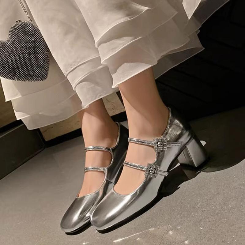 Модные блестящие туфли Мэри Джейн с квадратной пряжкой и двойным кристаллом, туфли-лодочки на толстом каблуке, женские элегантные туфли из лакированной кожи с квадратной головкой