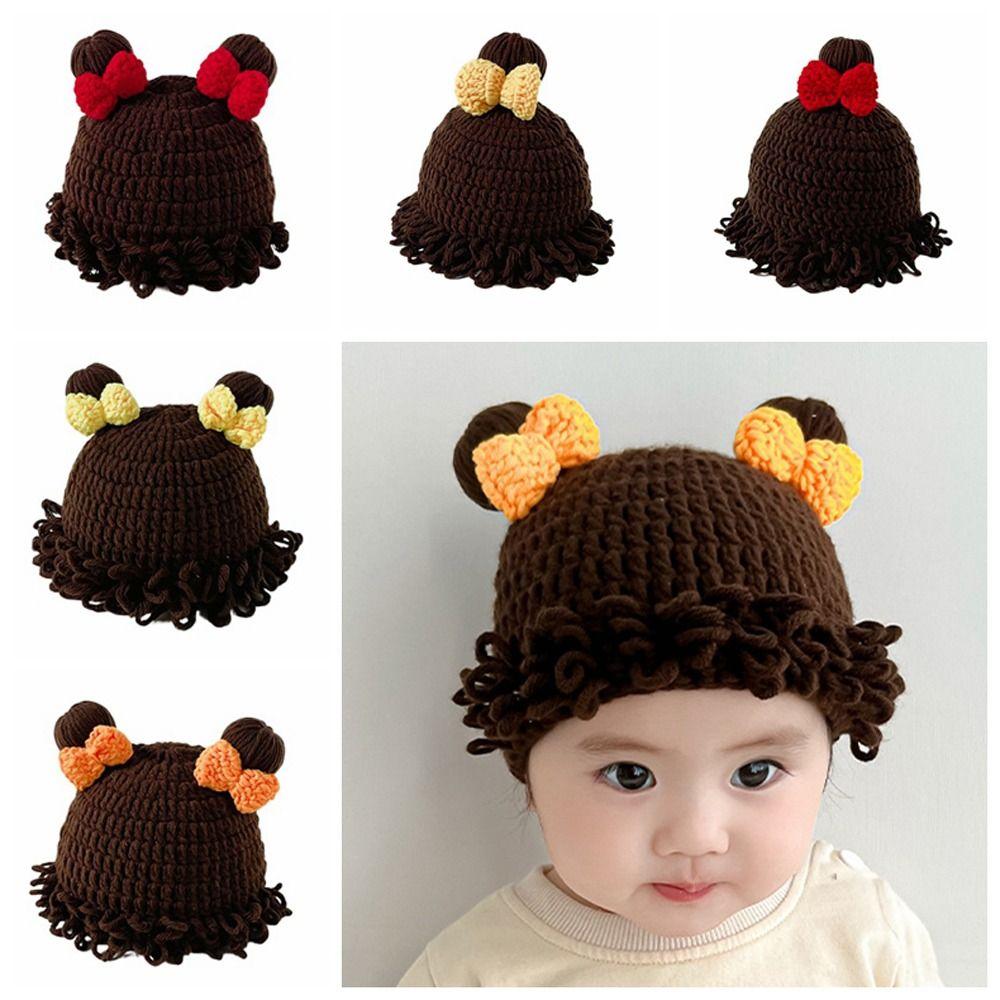 Осенне-зимний парик для малышей, шапка с бантом, шапки-бини для младенцев, парик, детская вязаная шапка, парик, подарок на Новый год