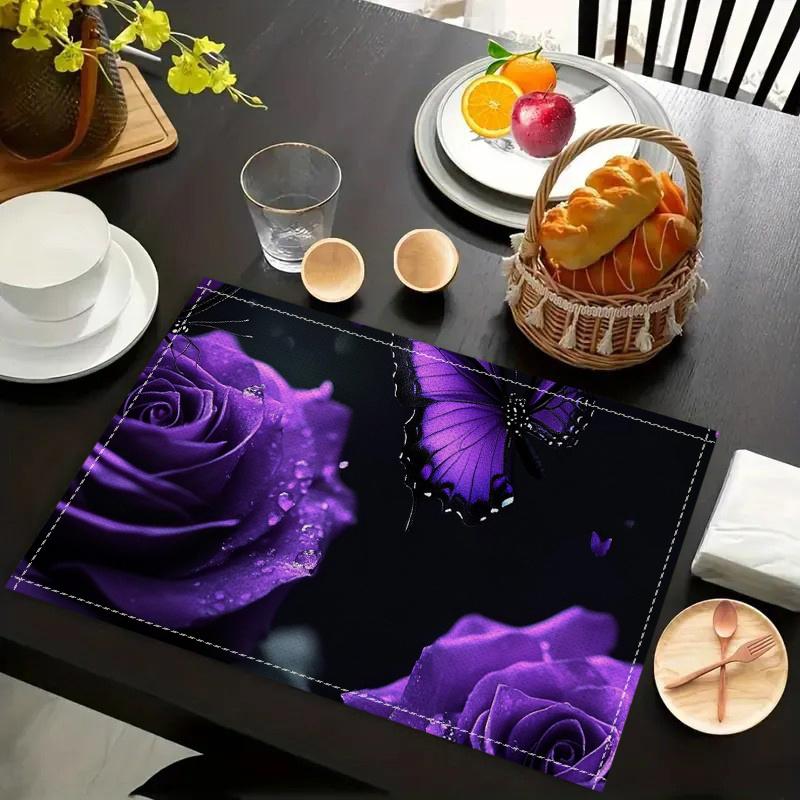 4pcs Square Placemats Purple roses, butterflies,Dark, romantic themed Durable Table Decoration Mats with Coffee Table Pad and Bowl Plate Mat Functions