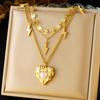 Vintage Layered Two Strand Necklace with Rhinestone Enamel Cherry Heart Compass Pendant