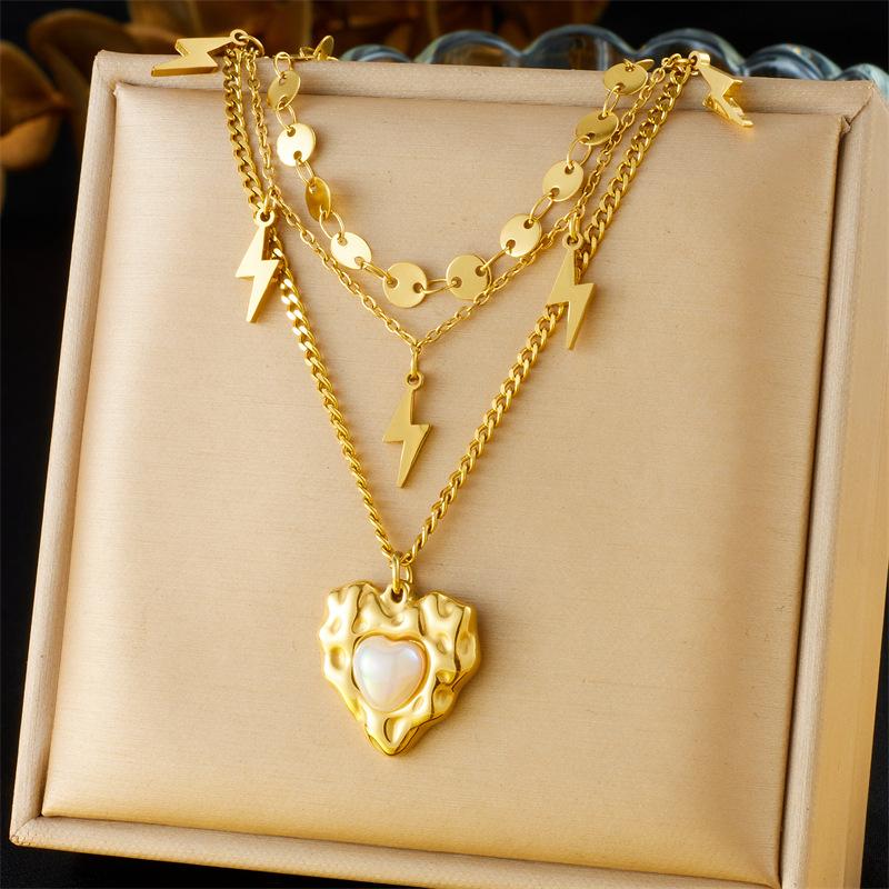 Vintage Layered Two Strand Necklace with Rhinestone Enamel Cherry Heart Compass Pendant