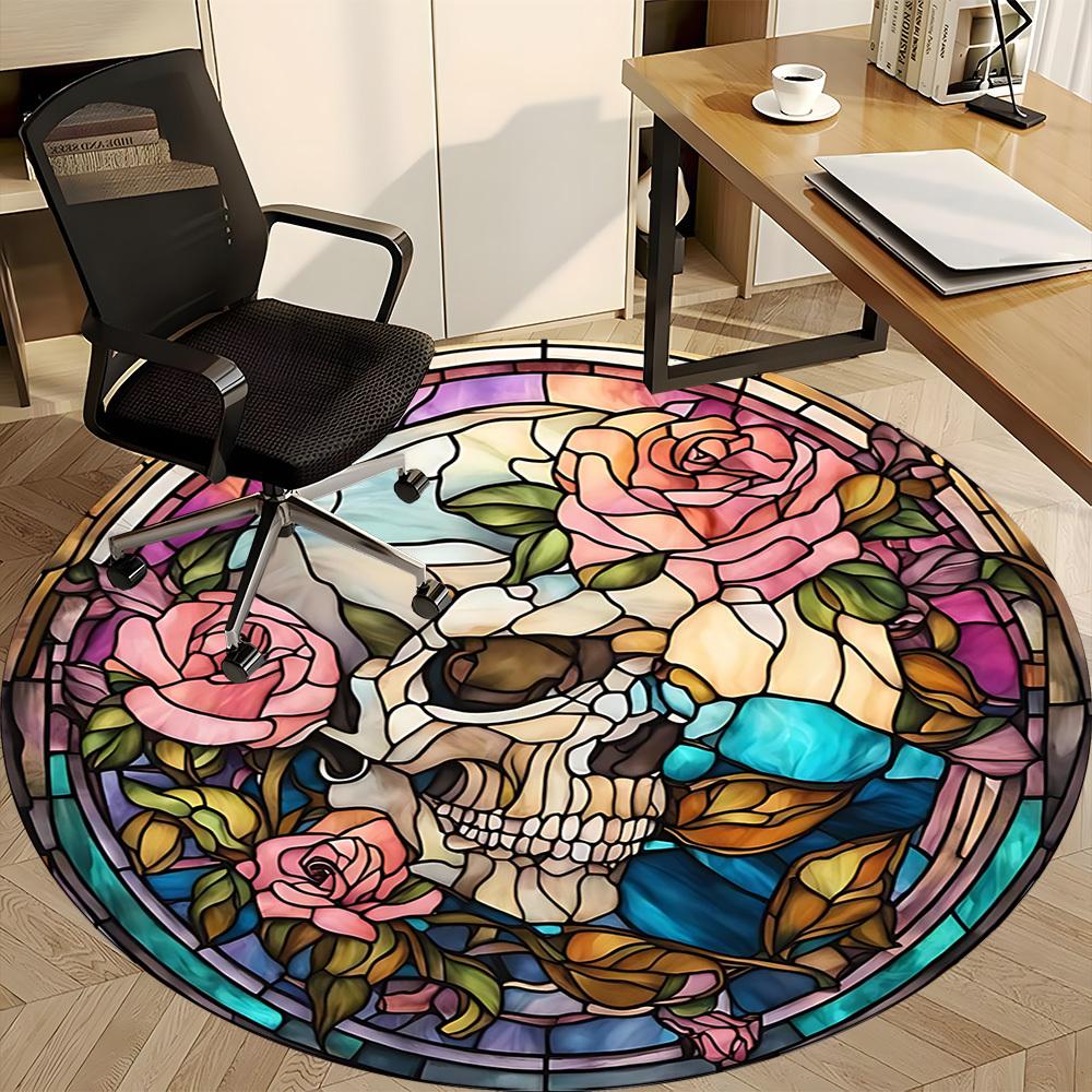 1pc Stained Glass Skull Roses Office Round Rug, Non-slip, Soft and Durable Office Rug for Interior Decoration, Perfect for Office yy260204027