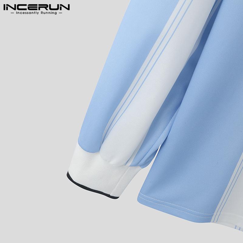 INCERUN Мужские футболки с круглым вырезом и длинным рукавом с буквенным принтом, повседневные полосатые топы