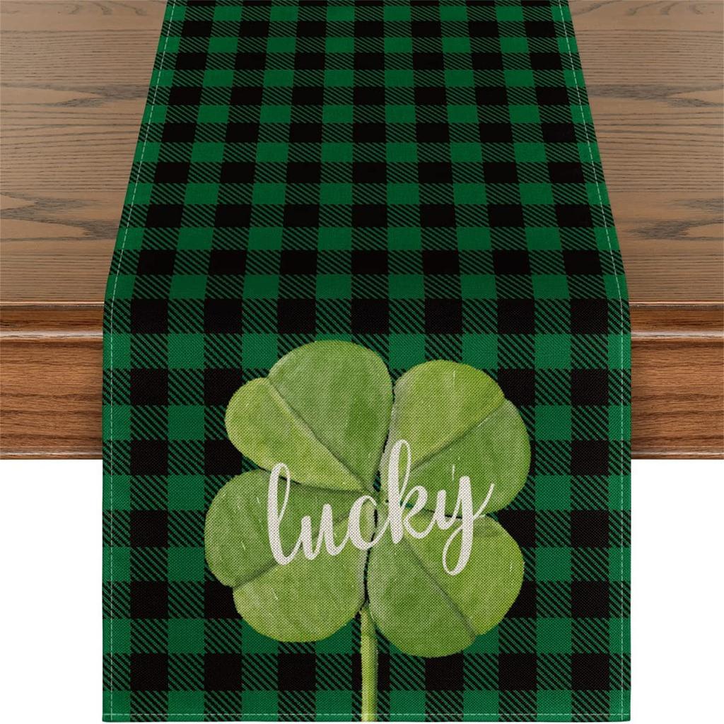 Luc-ky Sham-rock Table Runner For St Patricks Day Decorations 47 Inch Irish Cover Spring Green Holiday Home Kitchen Centerpiece Decor