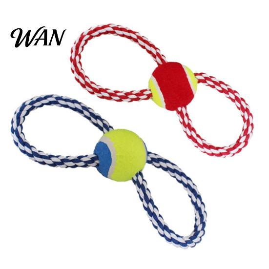 Dog Toy Pet Toys Figure-8 Shape Interactive Chewing Rope with Built-in Tennis Ball Durable Natural Chew Cotton Tug of War for Teeth Cleaning