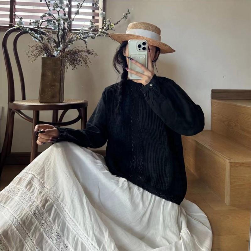 Johnature Кружевная рубашка Льняная черная рубашка с длинным рукавом Женская круглая горловина Повседневные простые блузки