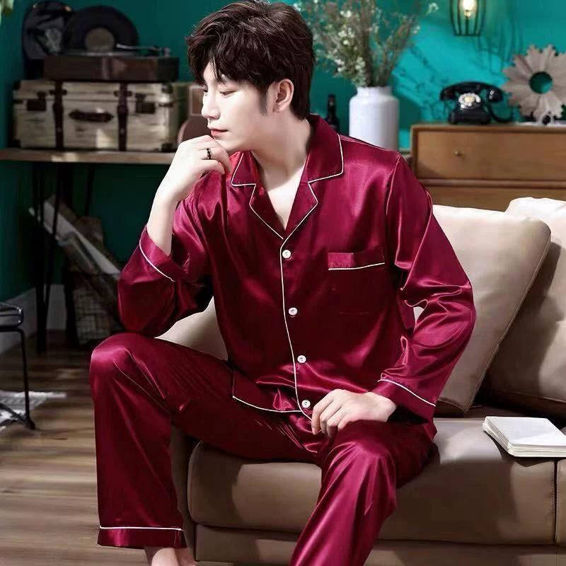 Men's Spring and Autumn Thin Lapel Ice Silk Thin Button Section Top + Wide-leg Trousers Home Two-piece Set