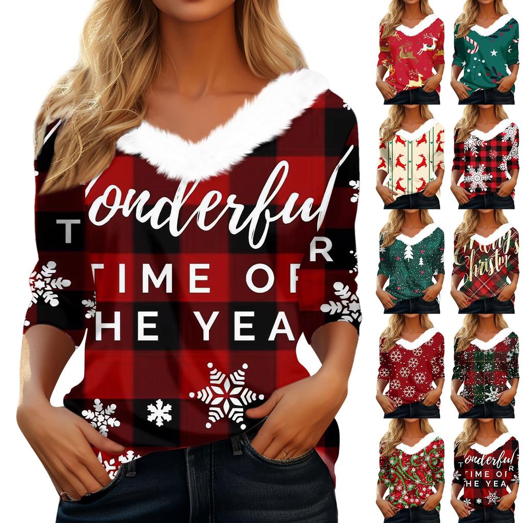 Женская мода с длинным рукавом и рождественским принтом, праздничный воротник, V-образный вырез
