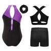 Girls Rhinestone Gymnastics Costume Set with Sleeveless Leotard Vest Shorts Waistband and Hair Band
