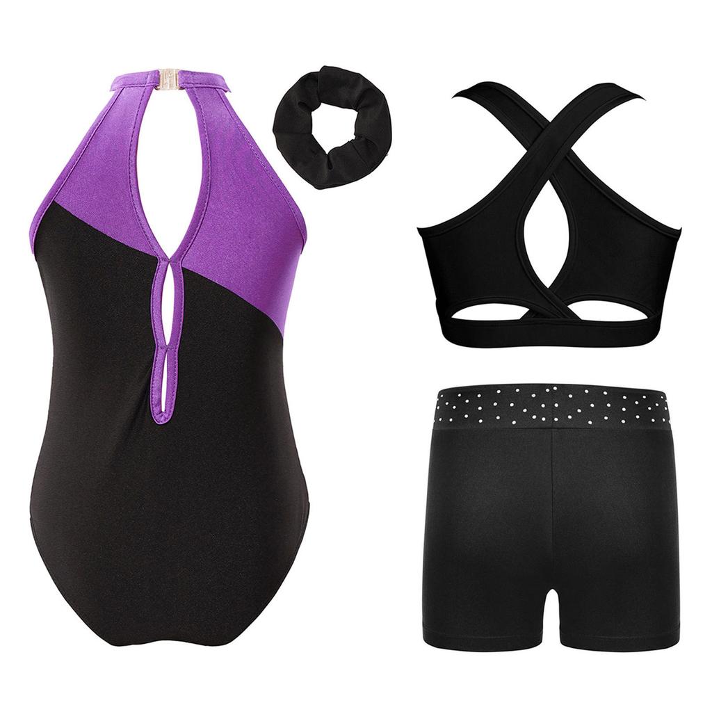 Girls Rhinestone Gymnastics Costume Set with Sleeveless Leotard Vest Shorts Waistband and Hair Band