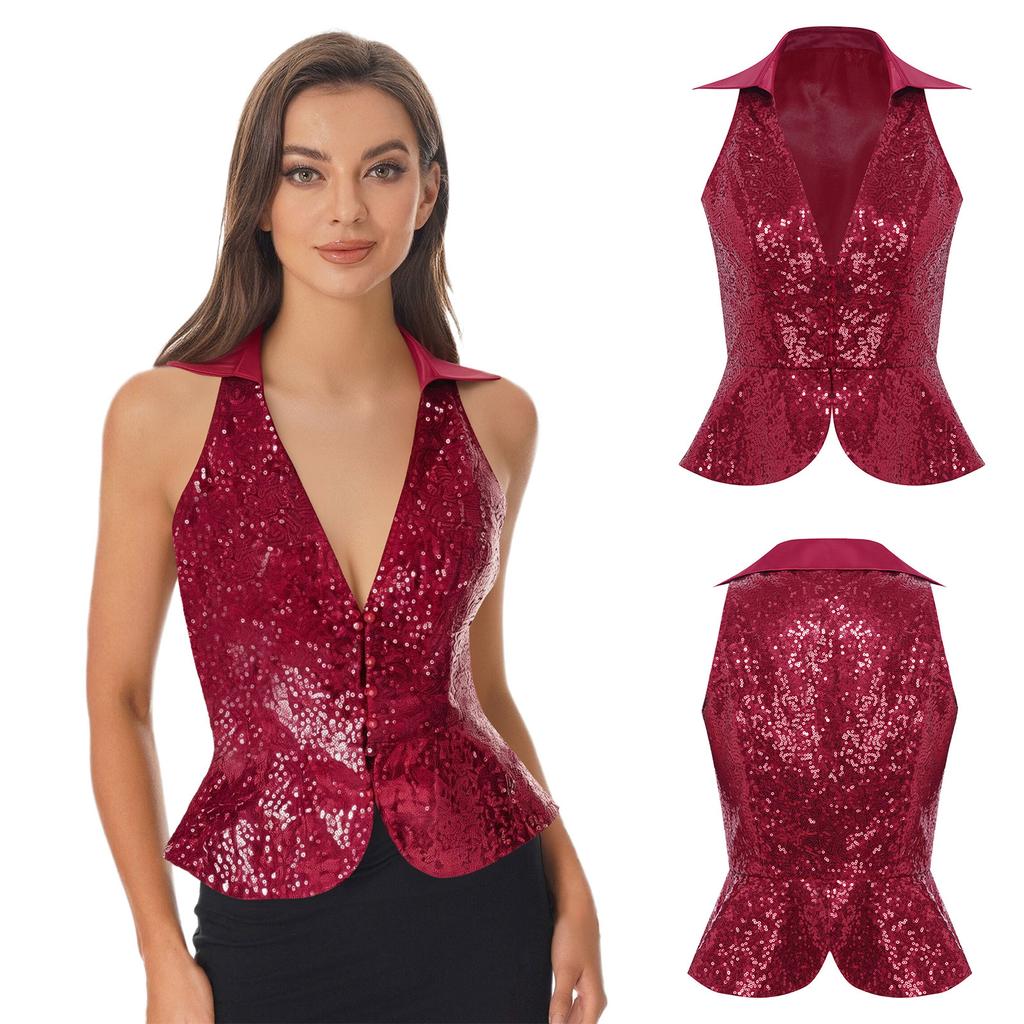 Women's Sequin Embellished Party Vest S-3XL, Lapel Sleeveless Sparkly Top for Night Out, Summer Banquet & Themed Party Wear