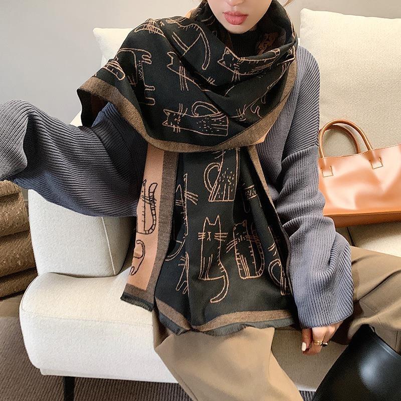 New Thick Fringed Scarf Female Cat Print Imitation Cashmere Summer Air Conditioner Shawl Autumn and Winter Cold Scarf