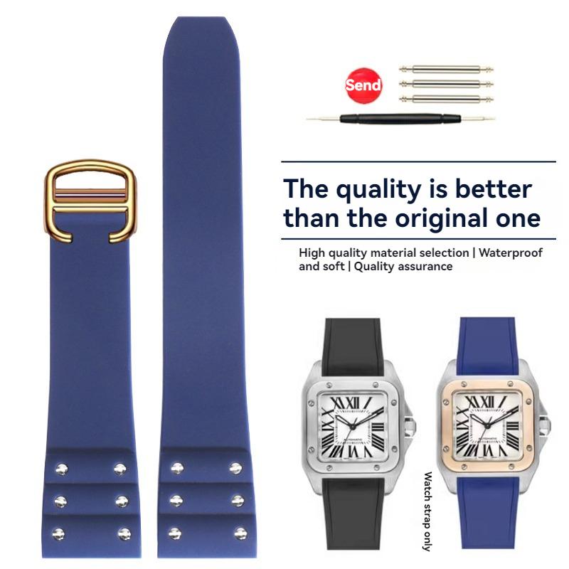 Высококачественный резиновый ремешок для часов Cartier Santos, ремешок для Santos 100 Series, черный, синий, водонепроницаемый браслет, ремень с раскладывающейся застежкой, 21 мм