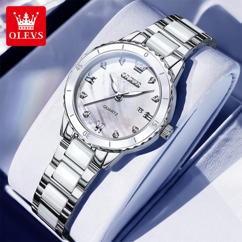 OLEVS Women Watches Noble Elegant Ceramics Strap Simple Dial Original Brand Quartz Wristwatch for Lady Waterproof Luminous Date