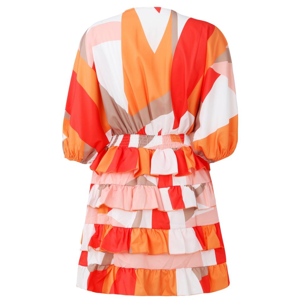 Женское модное платье с v-образным вырезом и принтом подол, нерегулярное платье с кукольными рукавами