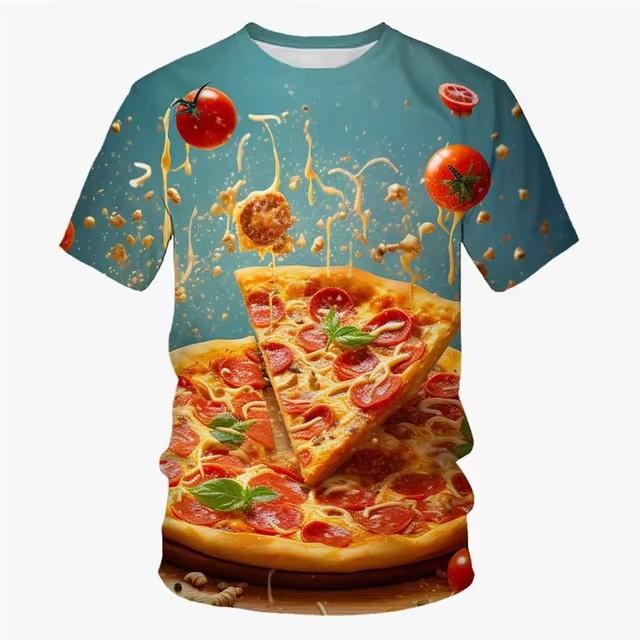 3D Printed Food Pizza T-shirt Men's Casual Summer Short Sleeved T-shirt Street Round Neck Versatile Top
