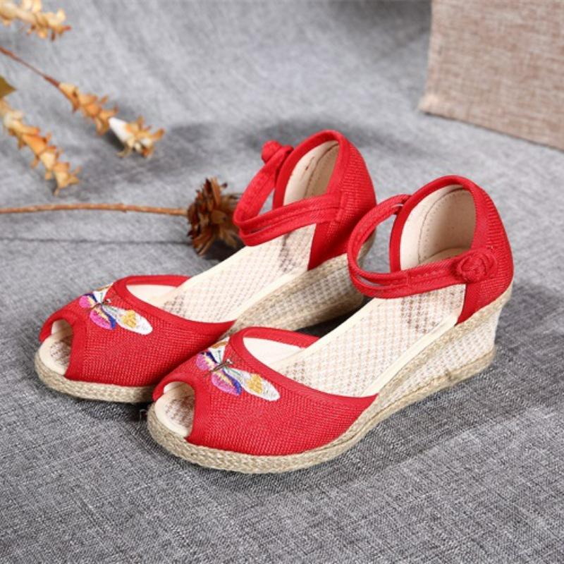 Женские эспадрильи на танкетке, летние элегантные туфли с вышивкой и ремешком на щиколотке, туфли на платформе с открытым носком, женская повседневная обувь