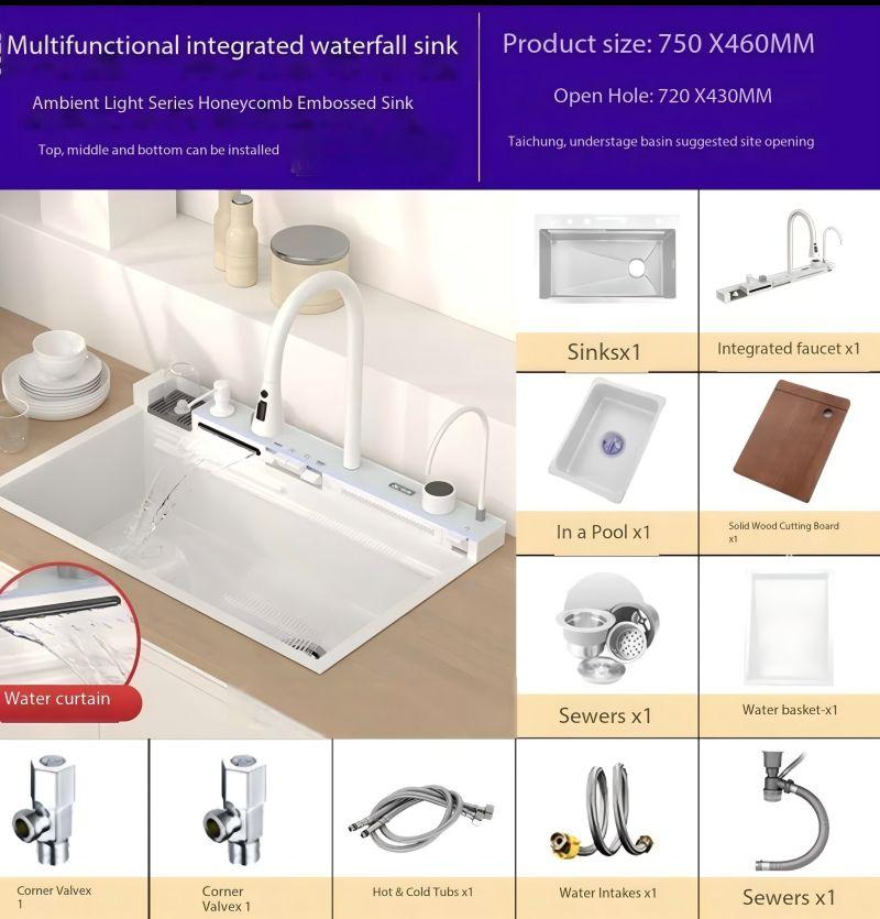 Белая кухонная раковина Nano с одним слотом, встроенный цифровой дисплей, кран с водопадом, дозатор мыла, чашка, мойка, чистый кран