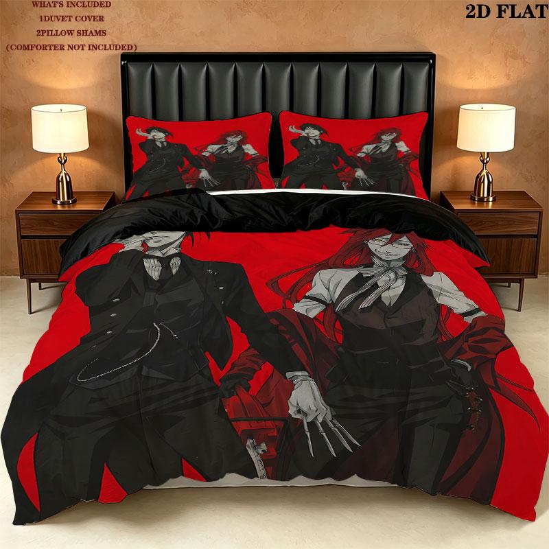 Black Butler Pattern Bedding Quilt Set Quilt Cover Pillowcase Home Birthday Gift(1 * duvet cover + 2 * pillowcase, without core)