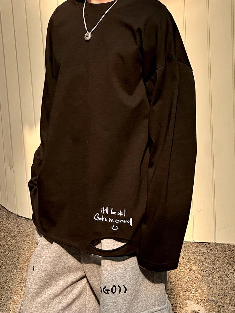 Корейская весенняя коллекция 2025 года: Свободная футболка с длинными рукавами и вырезами для мальчиков