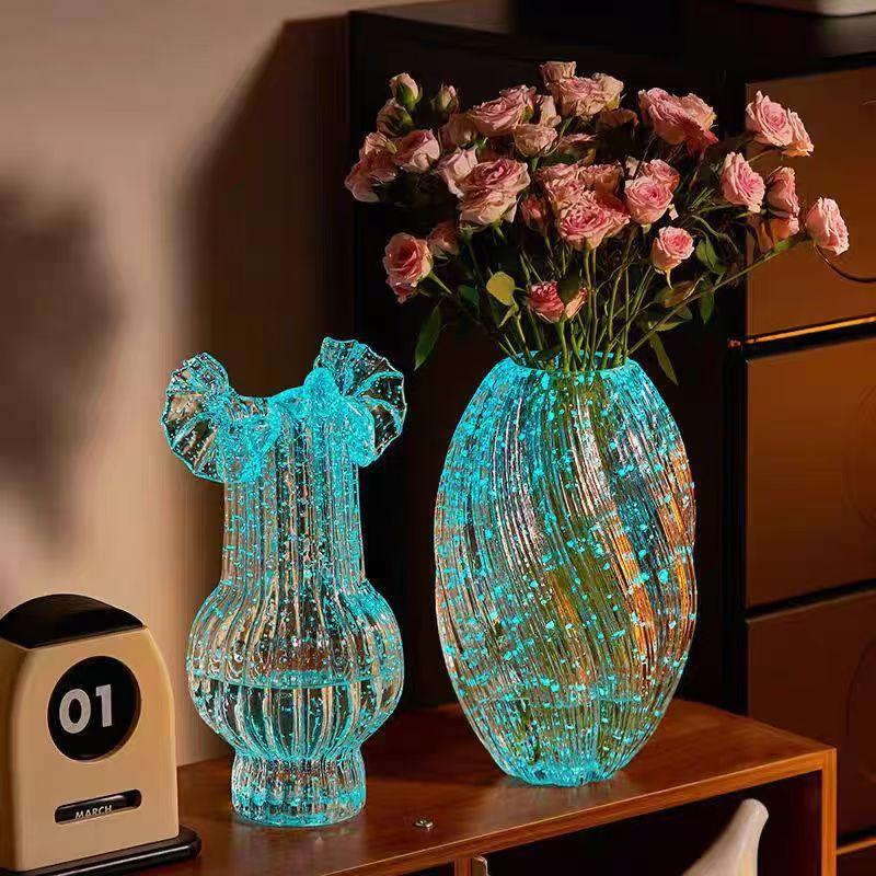 Pleated Skirt Luminous Fluorescent Glass Vase Flower Arrangement High Value Creative Simple Water Rose Lily Device