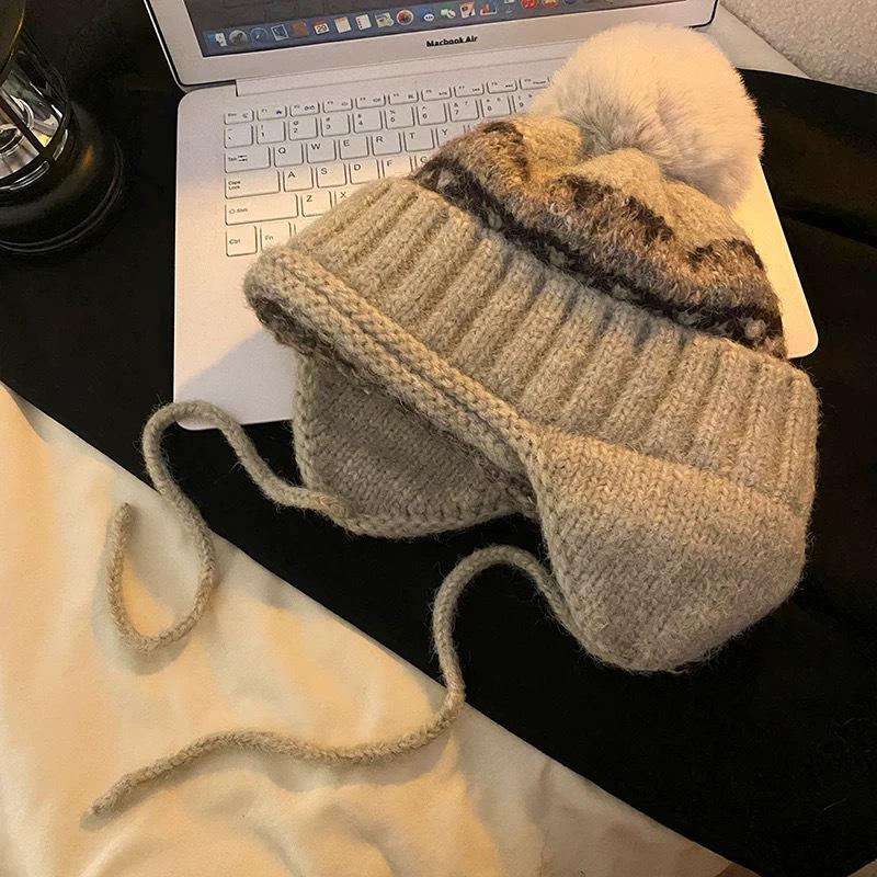 Женская вязаная шапка-бини с ушками в стиле Fair Isle - Теплая толстая шапка для осени и зимы