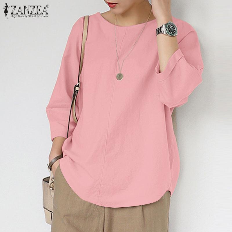 ZANZEA Женская повседневная блузка свободного кроя с круглым вырезом и рукавом 3/4