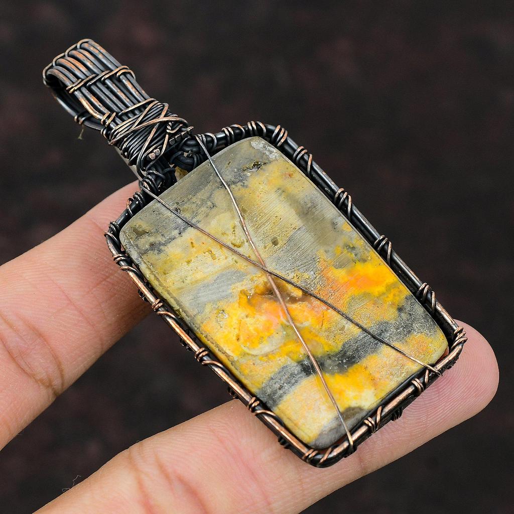 Bumble Bee Jasper Copper Wire Wrapped Pendant Rainbow Moonstone Pendant Copper Jewelry Gemstone Handmade Pendant Wire Wrapped Stone Jewelry