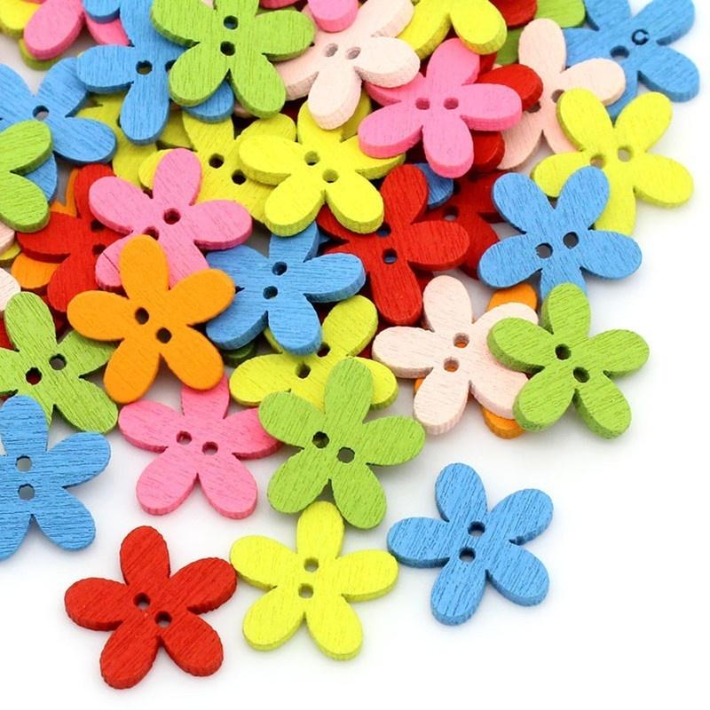 100pcs 14x15mm 2-hole Mixed Flower Wooden Decorative Buttons Suitable for Sewing Clip Arts and Craft