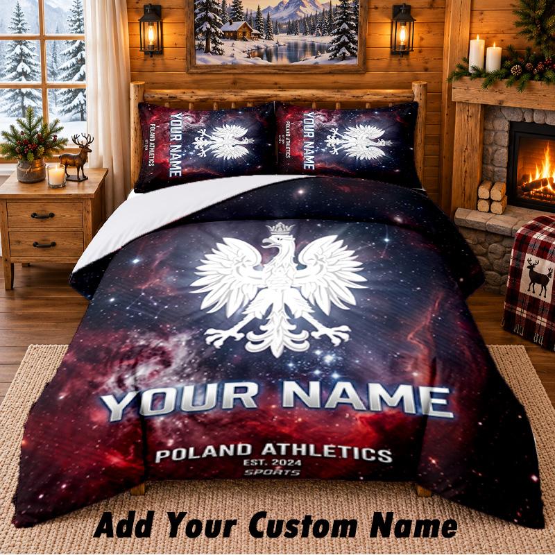 Poland Football Pattern Bedding 3Pcs Set Custom Name, Bed Sheet And Pillowcases For Home Bedroom