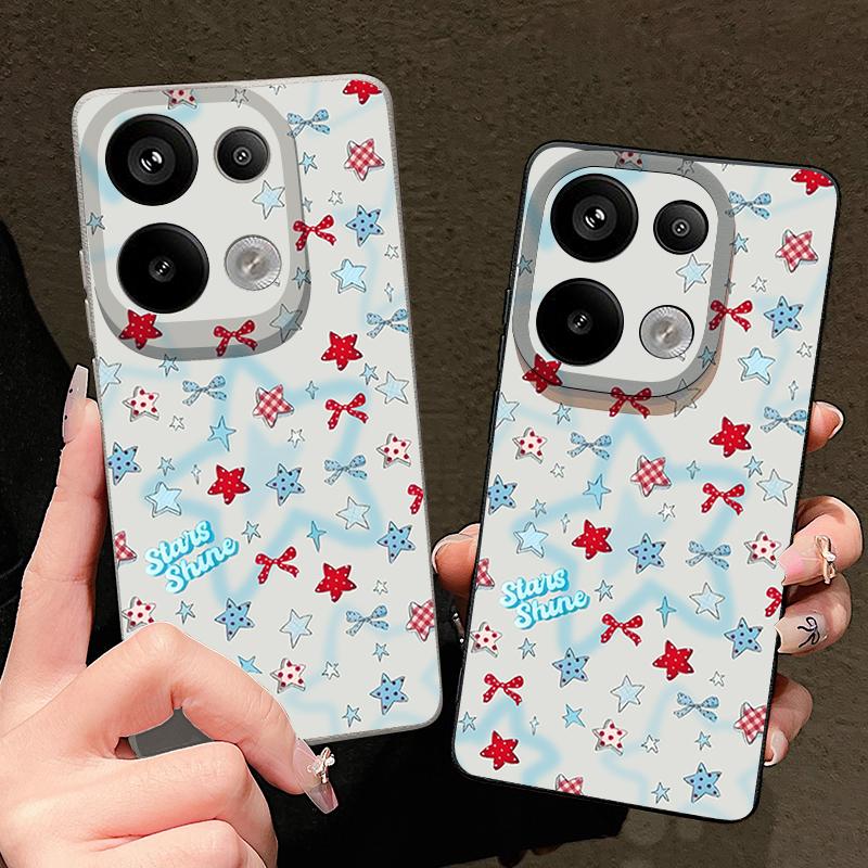 Чехол с узором из синих звезд и бантов для Xiaomi Redmi Note 14 13 Pro 5G 4G 12 11 Funda Xiaomi 14T 13T 11T Pro Силиконовая крышка с текстурой кожи