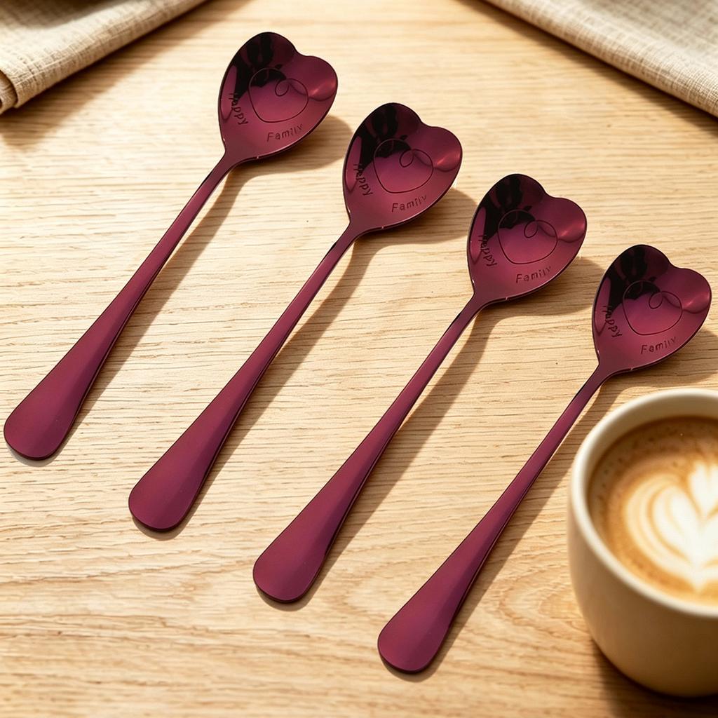 Heart Shaped Coffee Spoons Set of 4,Stainless Steel Teaspoons,Engraved Dessert Spoon for Coffee Tea Ice Cream Yogurt,Multi‑Color Gift Spoons