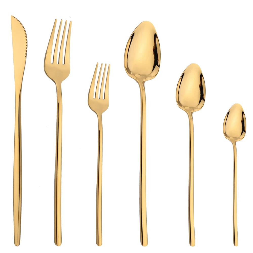 6pcs Tableware Set Gold Cutlery Stainless Steel Flatware Mirror Knife Fork Dessert Spoon Korean Dinnerware Set Luxury